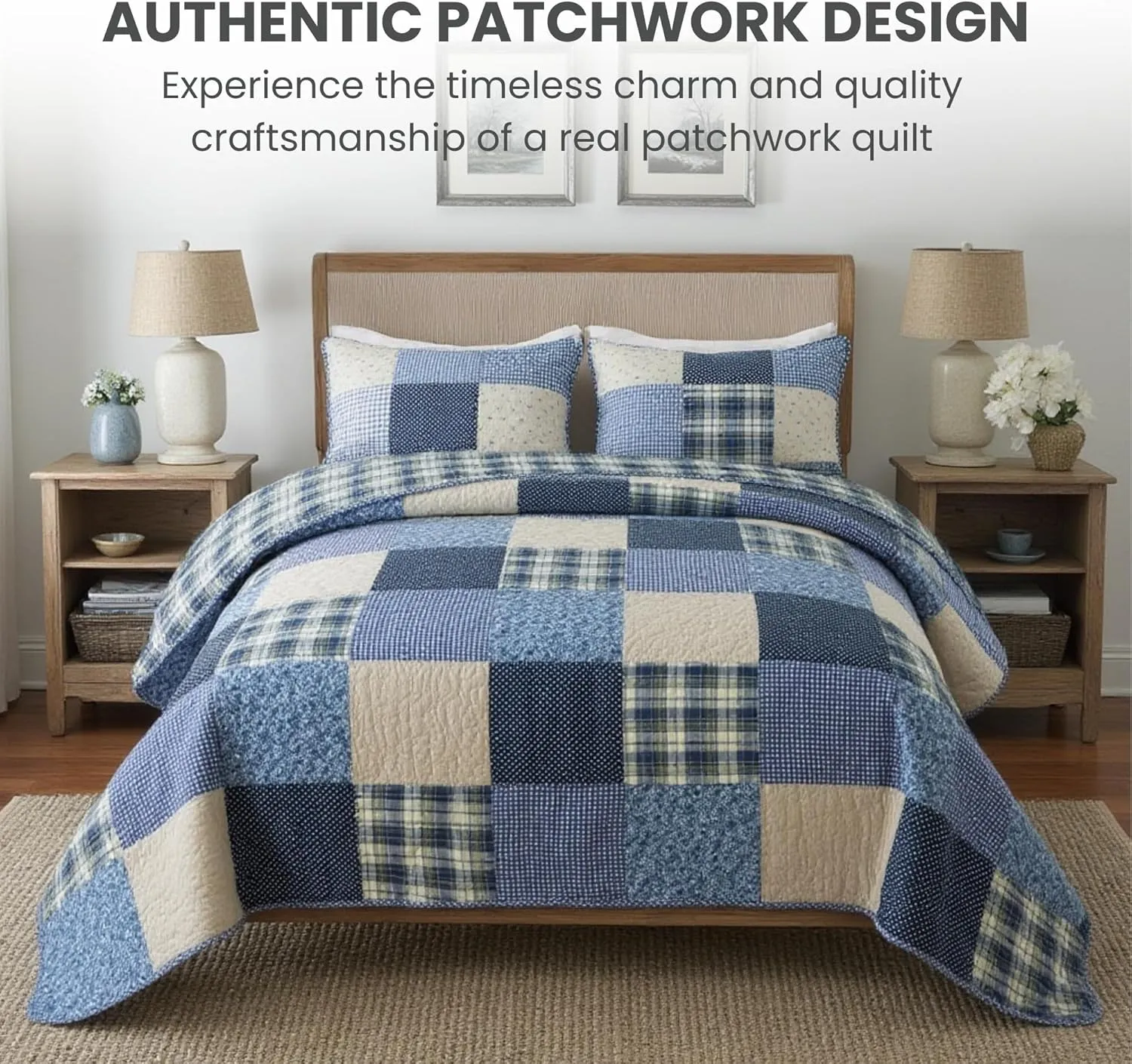 SLPR Blue Symphony Cotton Pieced Quilt Set - Twin with 1 Sham, Farmhouse Patchwork Quilted Bedspread with Check and Plaid Pattern, Lightweight and Cozy Country Checkered Bedding
