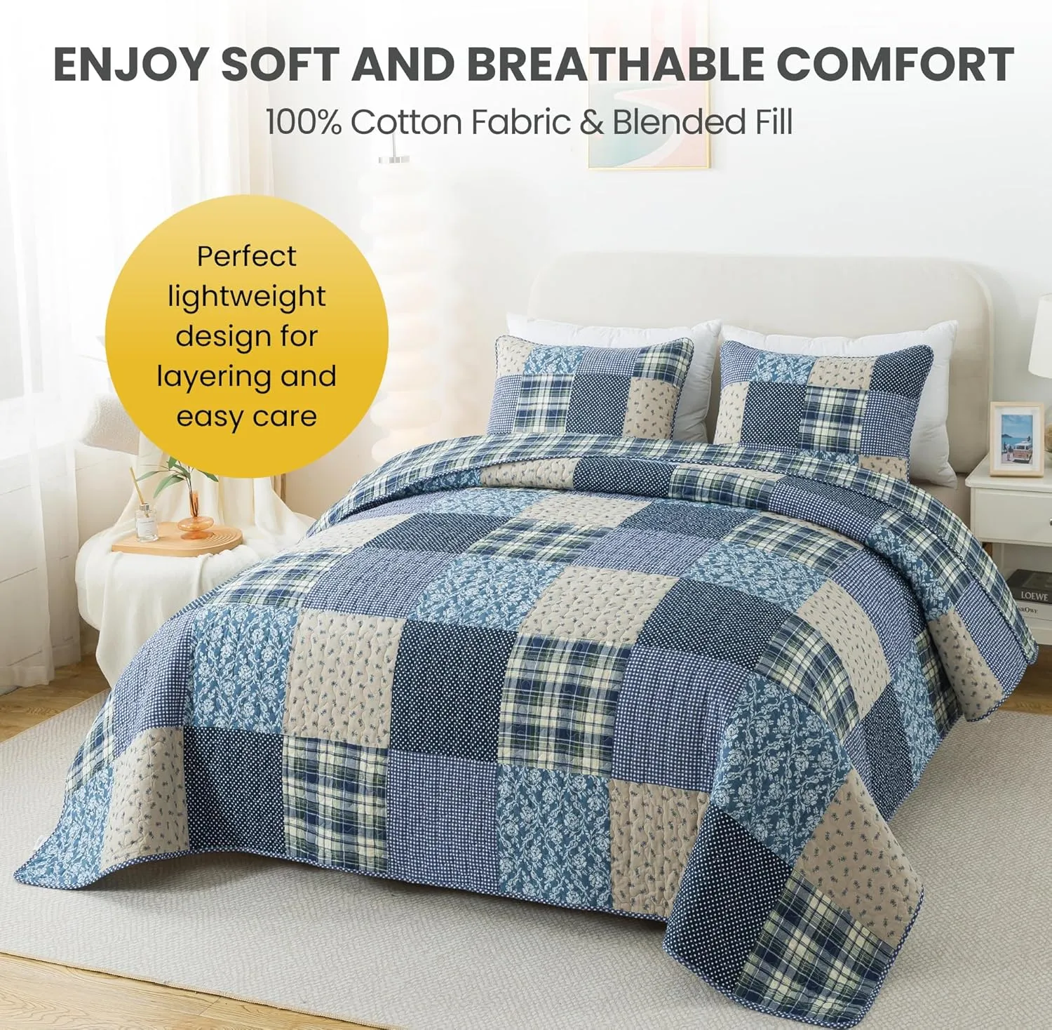 SLPR Blue Symphony Cotton Pieced Quilt Set - Twin with 1 Sham, Farmhouse Patchwork Quilted Bedspread with Check and Plaid Pattern, Lightweight and Cozy Country Checkered Bedding