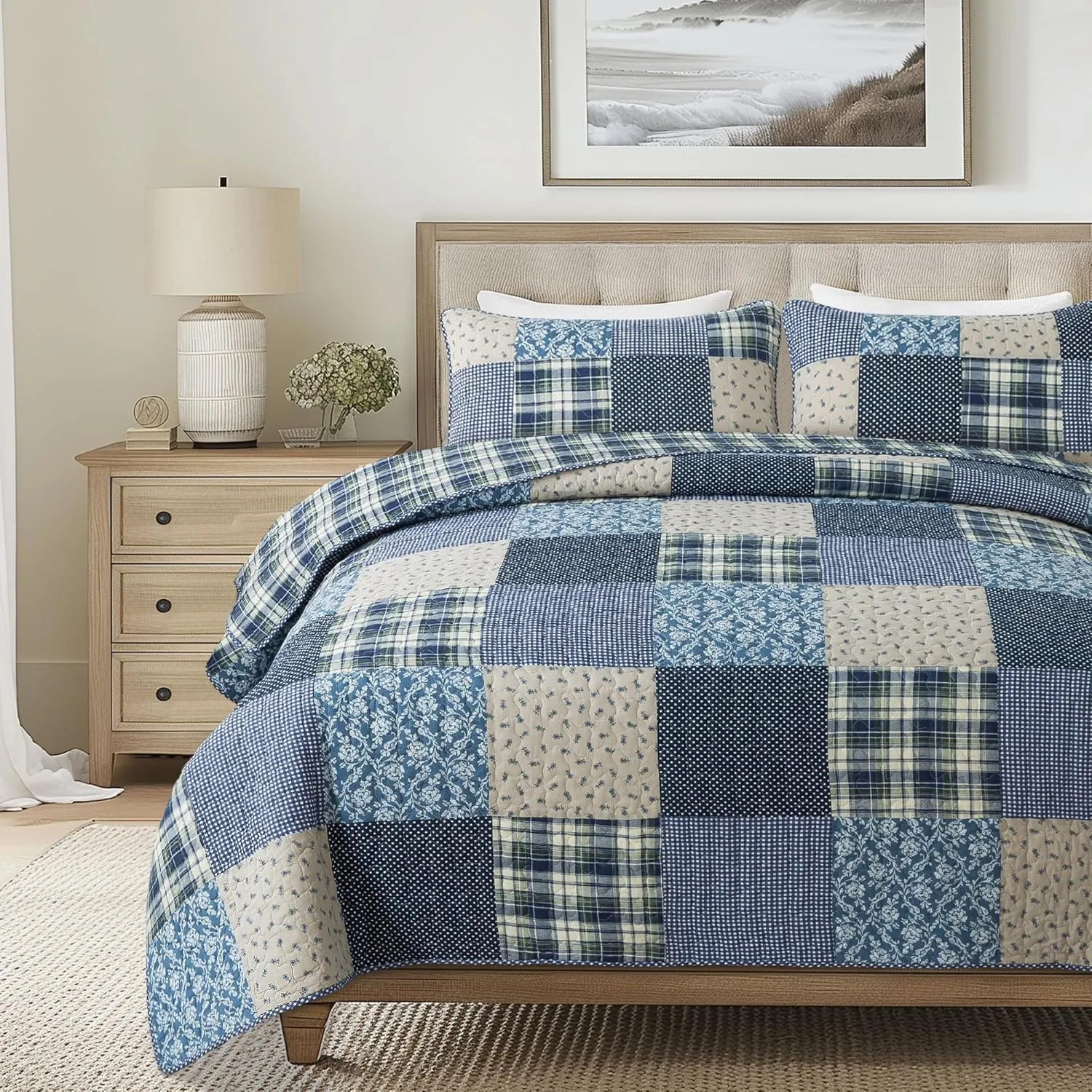 SLPR Blue Symphony Cotton Pieced Quilt Set - Twin with 1 Sham, Farmhouse Patchwork Quilted Bedspread with Check and Plaid Pattern, Lightweight and Cozy Country Checkered Bedding