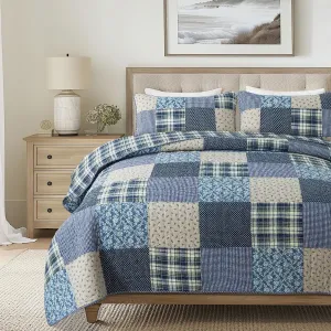 SLPR Blue Symphony Cotton Pieced Quilt Set - Twin with 1 Sham, Farmhouse Patchwork Quilted Bedspread with Check and Plaid Pattern, Lightweight and Cozy Country Checkered Bedding