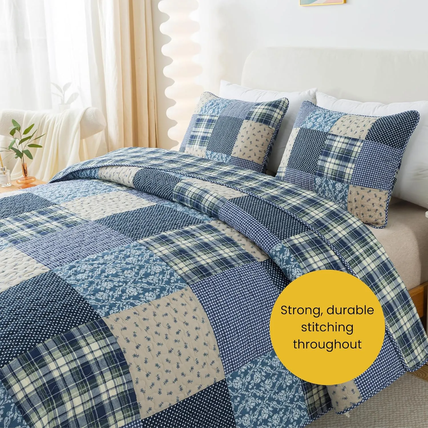 SLPR Blue Symphony Cotton Pieced Quilt Set - Twin with 1 Sham, Farmhouse Patchwork Quilted Bedspread with Check and Plaid Pattern, Lightweight and Cozy Country Checkered Bedding