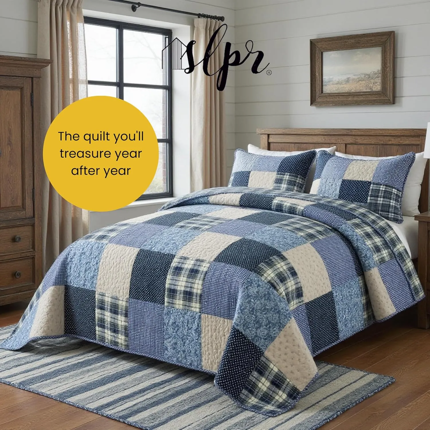 SLPR Blue Symphony Cotton Pieced Quilt Set - Twin with 1 Sham, Farmhouse Patchwork Quilted Bedspread with Check and Plaid Pattern, Lightweight and Cozy Country Checkered Bedding