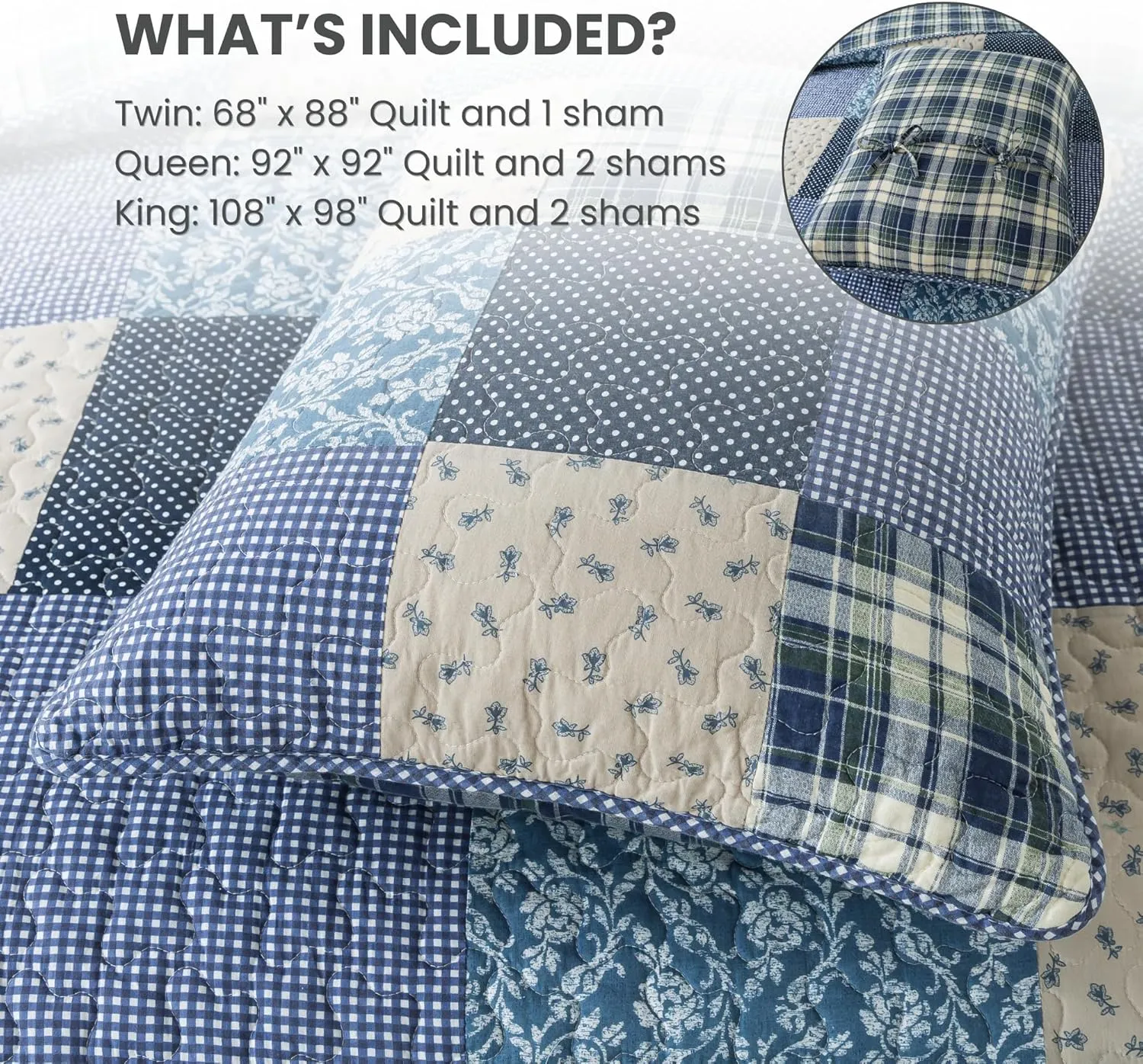 SLPR Blue Symphony Cotton Pieced Quilt Set - Twin with 1 Sham, Farmhouse Patchwork Quilted Bedspread with Check and Plaid Pattern, Lightweight and Cozy Country Checkered Bedding