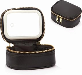 Small Makeup Bag with LED Mirror, Mini Cosmetic Bag for Purse,3 Adjustable Brightness,PU Material,USB Charging,5.9 x 4.5 x 2.8 inch,Cute Preppy Black