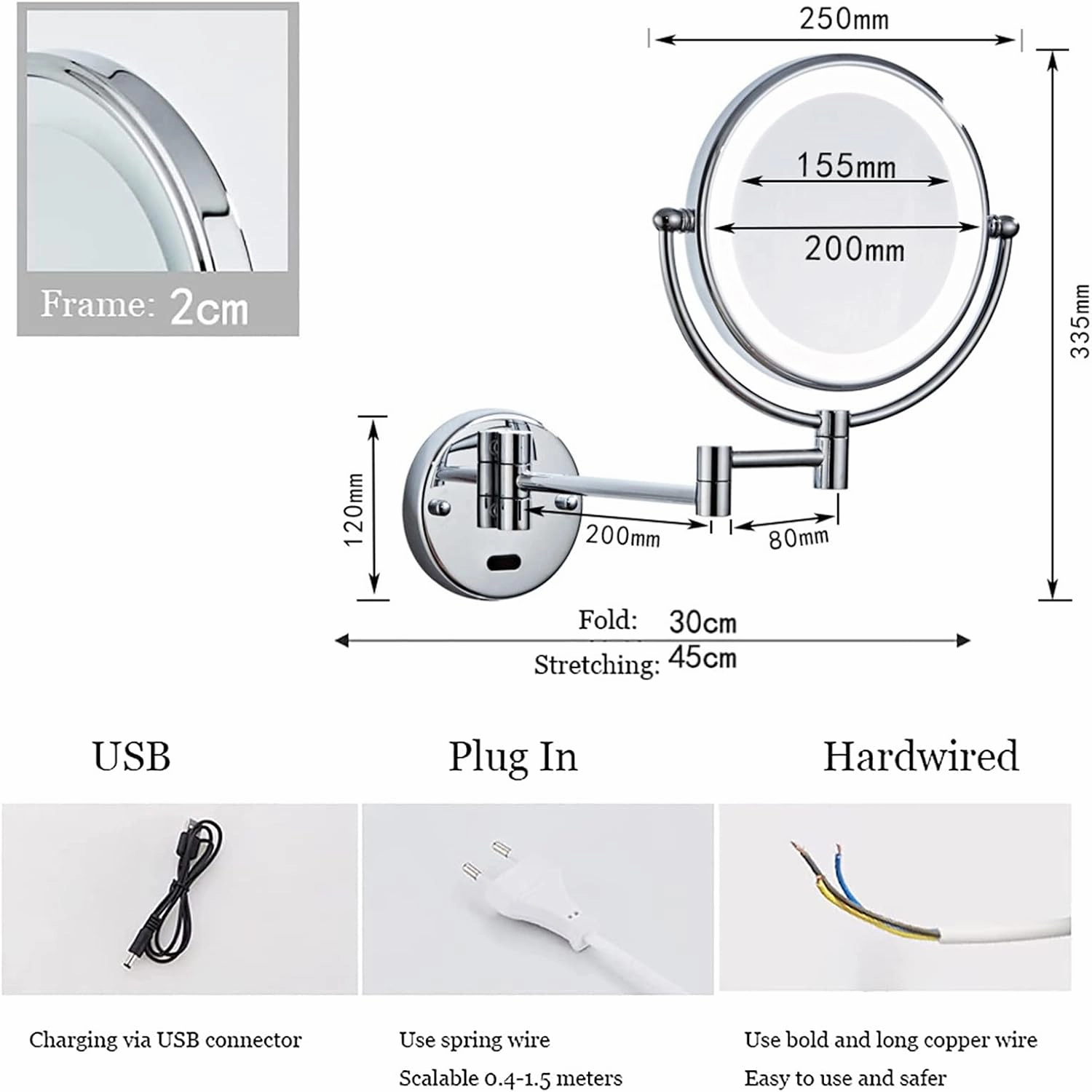 Smart Sensor LED Makeup Mirror with Lights and 10X Magnification, Double Sided Wall Mounted Swivel Extendable Vanity Mirror,Rose Gold,Hardwired(Gold,USB)