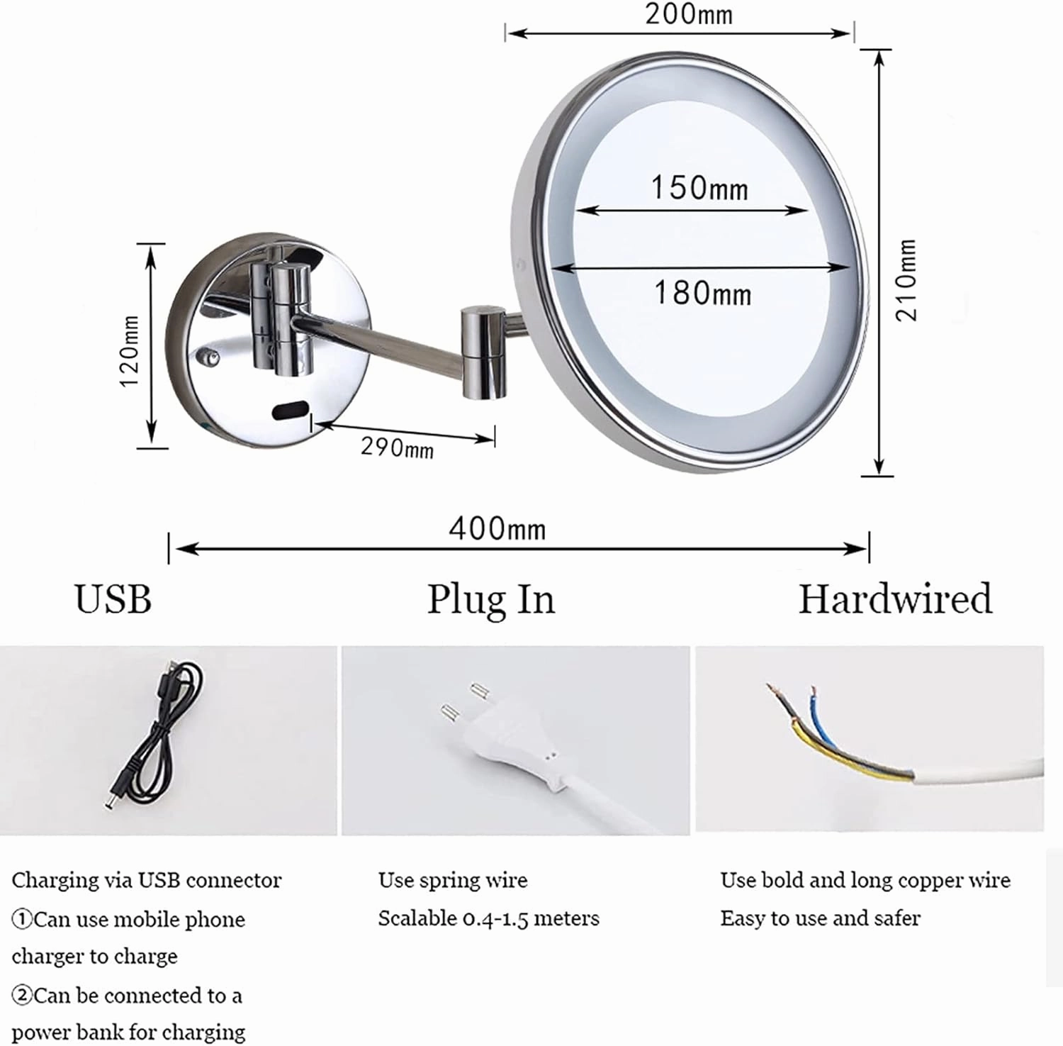 Smart Sensor Makeup Mirror with Lights and 10X Magnification, LED Wall Mounted Vanity Mirror, Rotable Extendable Shaving Mirror,Black,Plug in(Gold,Plug in)