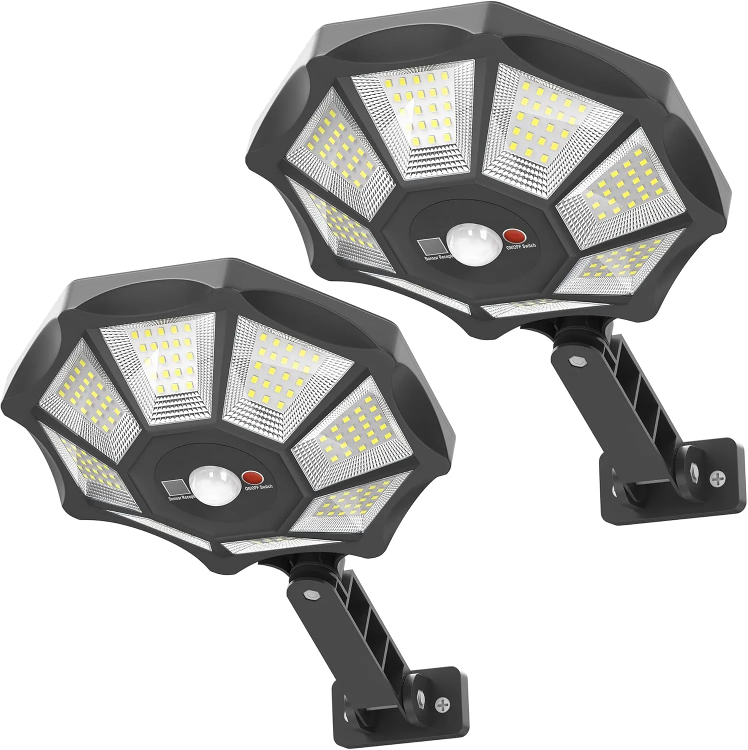 Solar Flood Lights Outdoor, 168LED 6500K, 2 Pack Black, IP66 Waterproof, Motion Sensor, 30W, 30000 Lumen, Modern Style, 13.58 x 1.18 x 13.58 inches, Outdoor Use Only