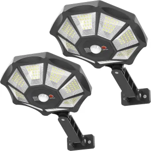 Solar Flood Lights Outdoor, 168LED 6500K, 2 Pack Black, IP66 Waterproof, Motion Sensor, 30W, 30000 Lumen, Modern Style, 13.58 x 1.18 x 13.58 inches, Outdoor Use Only