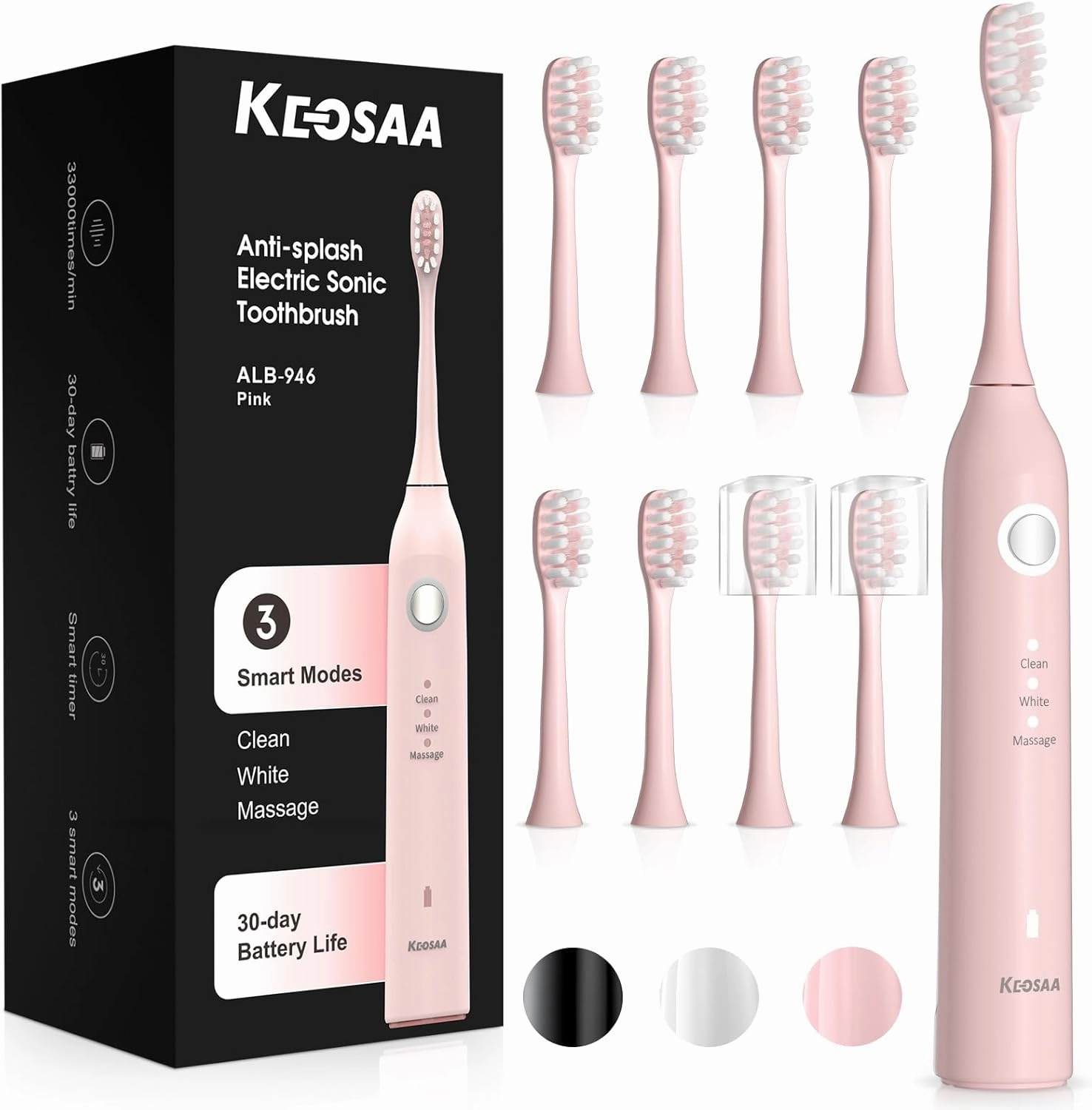 Sonic Vibrating Toothbrush with Pressure Sensor, Pink Electric Toothbrush with 8 Brush Heads, 3 Modes, 33000VPM, 2-Min Timer, One Charge Lasts for 30 Days, 3D Rounded Soft Bristles, IPX7 Waterproof