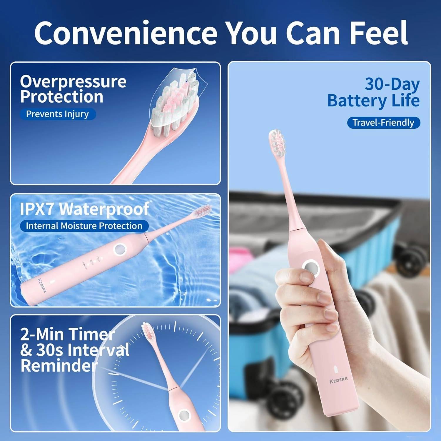 Sonic Vibrating Toothbrush with Pressure Sensor, Pink Electric Toothbrush with 8 Brush Heads, 3 Modes, 33000VPM, 2-Min Timer, One Charge Lasts for 30 Days, 3D Rounded Soft Bristles, IPX7 Waterproof