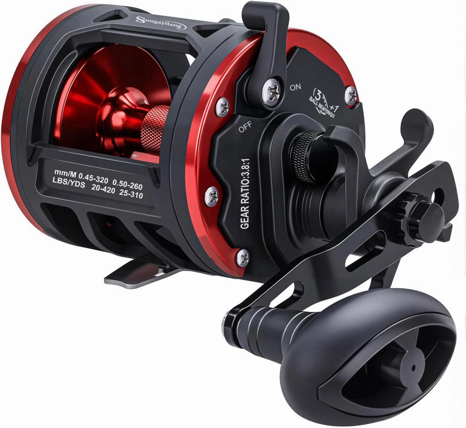 Sougayilang Trolling Reel Level Wind Conventional Reel Graphite Body Fishing Reel, Durable Stainless-Steel, Large Line Capacity