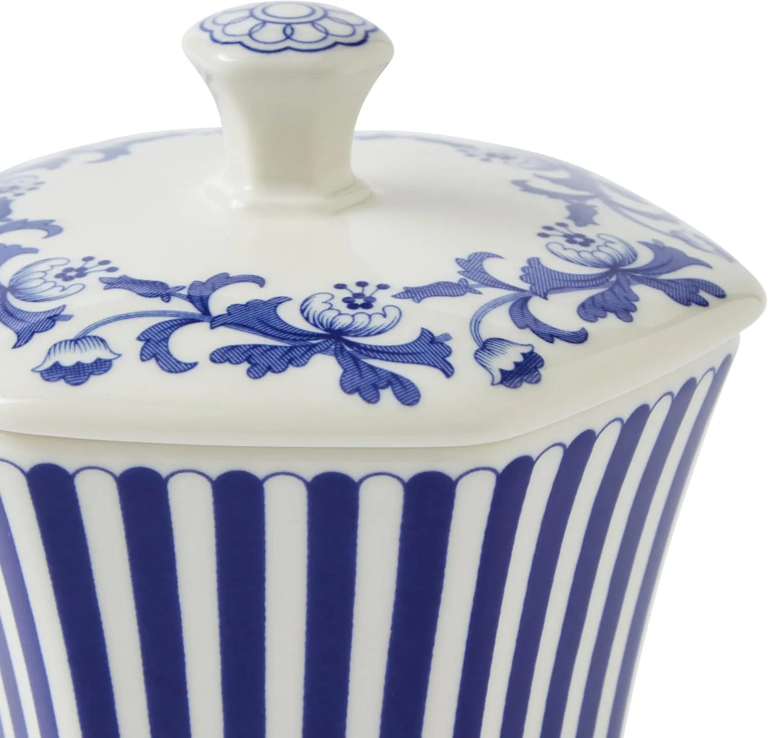 Spode Blue Italian Steccato Vase, 5.2-Inch Porcelain Hexagonal Accent with Stripe & Floral Scroll - Classic Blue & White for Contemporary Mediterranean Home Decor, Ideal for Living, Dining Room