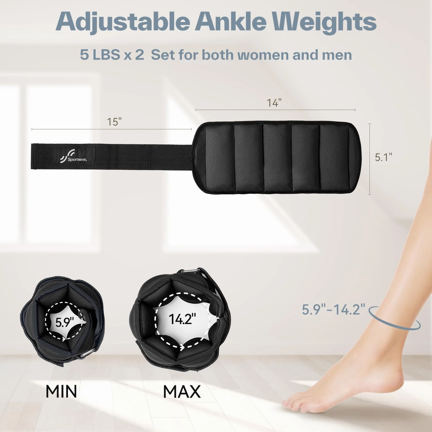 Sportneer Adjustable Ankle Weights for Women and Men：1 Pair 1 2 3 4 6 7 8 10 lbs Upgraded Easily Adjustable Leg Weight, Weighted Wrist Weight Strap for Gym, Fitness, Workout, Walking, Dancing