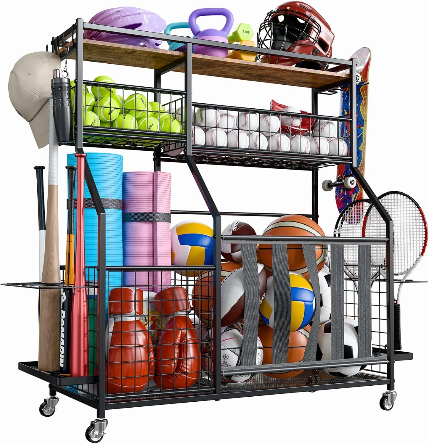 Sports Equipment Organizer, Garage Ball Storage with Basket and Hooks, Ball Rack with Wheels for Toy Storage, Indoor/Outdoor