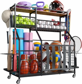 Sports Equipment Organizer, Garage Ball Storage with Basket and Hooks, Ball Rack with Wheels for Toy Storage, Indoor/Outdoor