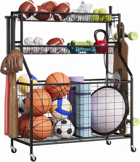 Sports Equipment Organizer,Large Capacity Garage Sports Toy Organizer with Hooks and Baskets,Rolling Ball Cart with Wheels for Toy and Gear Organizer,Black
