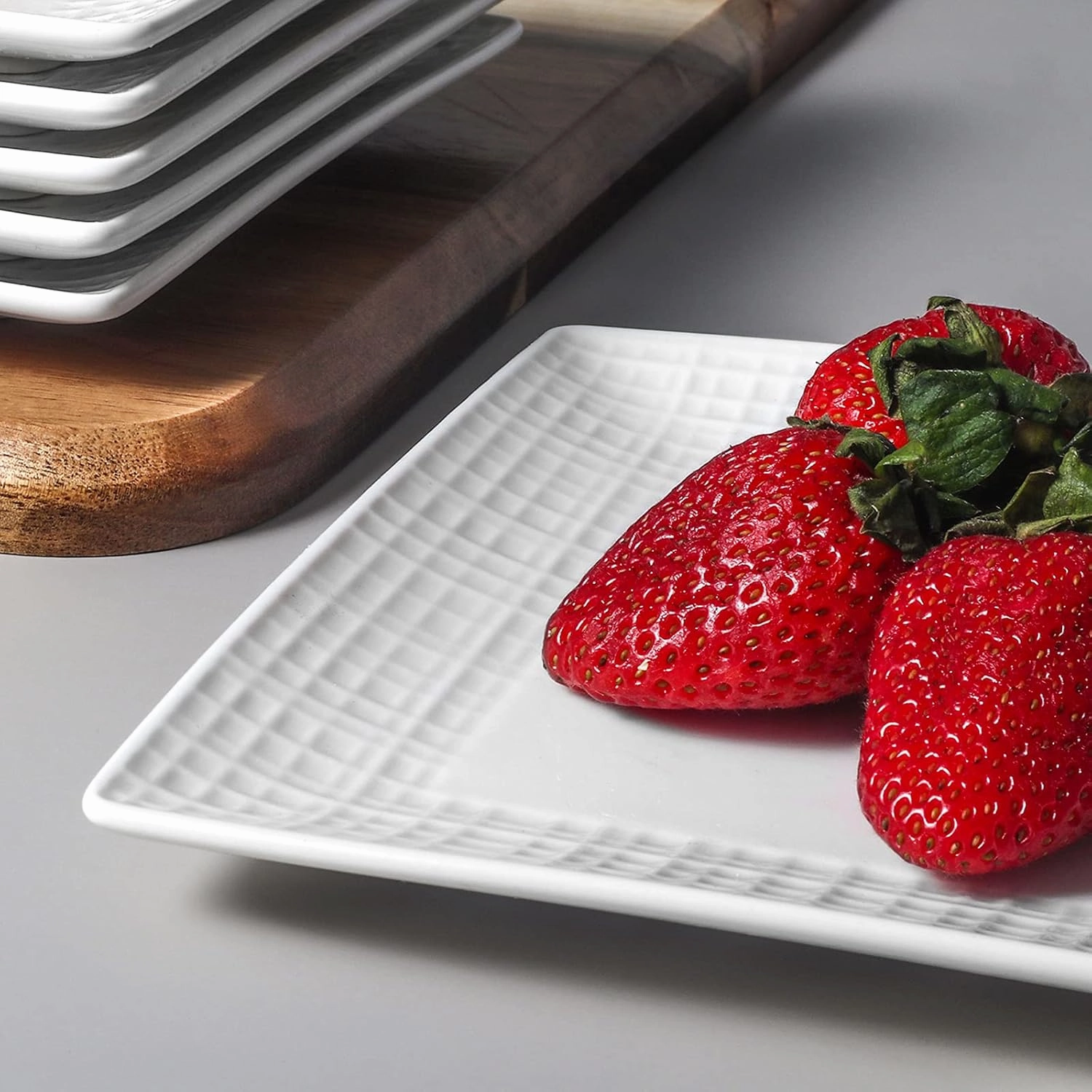 Square Dinner Plates, Set of 6, 6 Inch White Ceramic, Embossed Crisscross, Safe for Dishwasher, Microwave and Oven