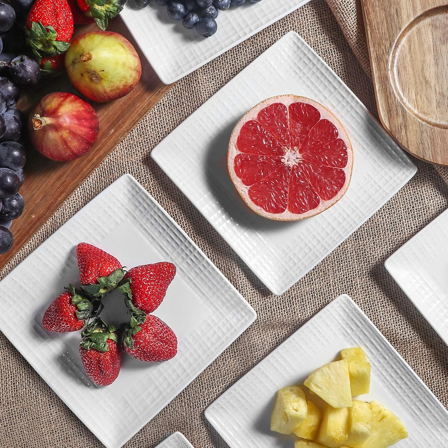 Square Dinner Plates, Set of 6, 6 Inch White Ceramic, Embossed Crisscross, Safe for Dishwasher, Microwave and Oven