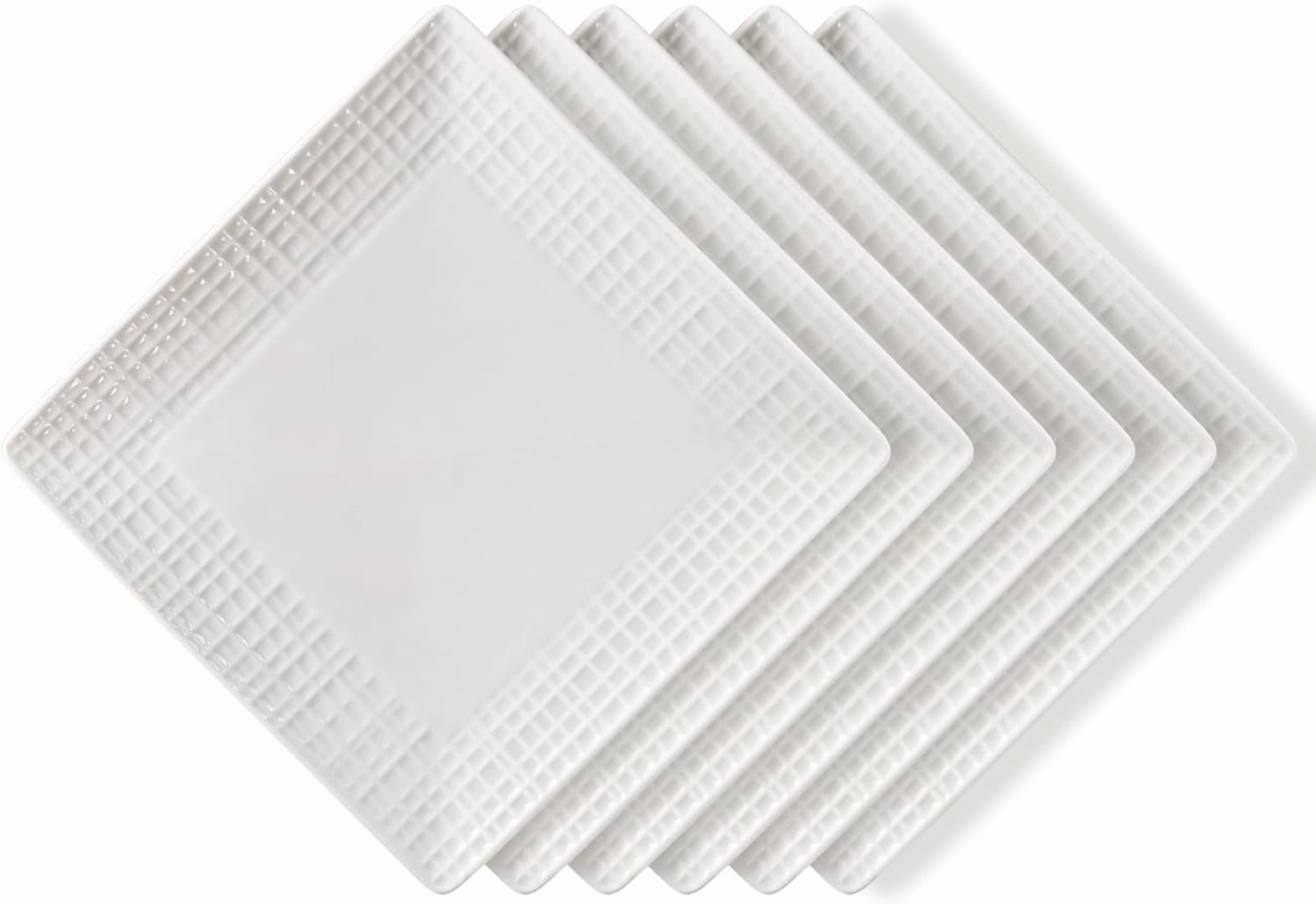 Square Dinner Plates, Set of 6, 6 Inch White Ceramic, Embossed Crisscross, Safe for Dishwasher, Microwave and Oven
