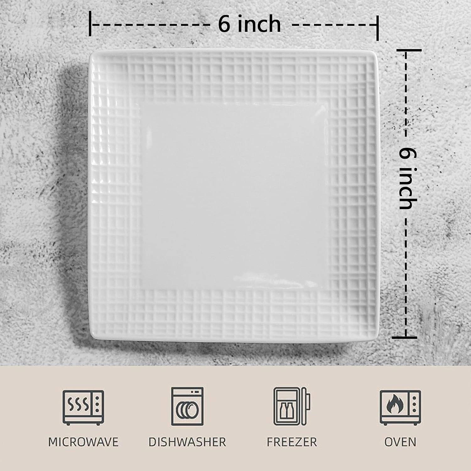 Square Dinner Plates, Set of 6, 6 Inch White Ceramic, Embossed Crisscross, Safe for Dishwasher, Microwave and Oven