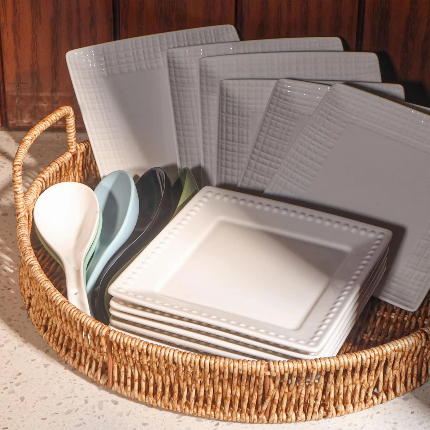Square Dinner Plates, Set of 6, 6 Inch White Ceramic, Embossed Crisscross, Safe for Dishwasher, Microwave and Oven
