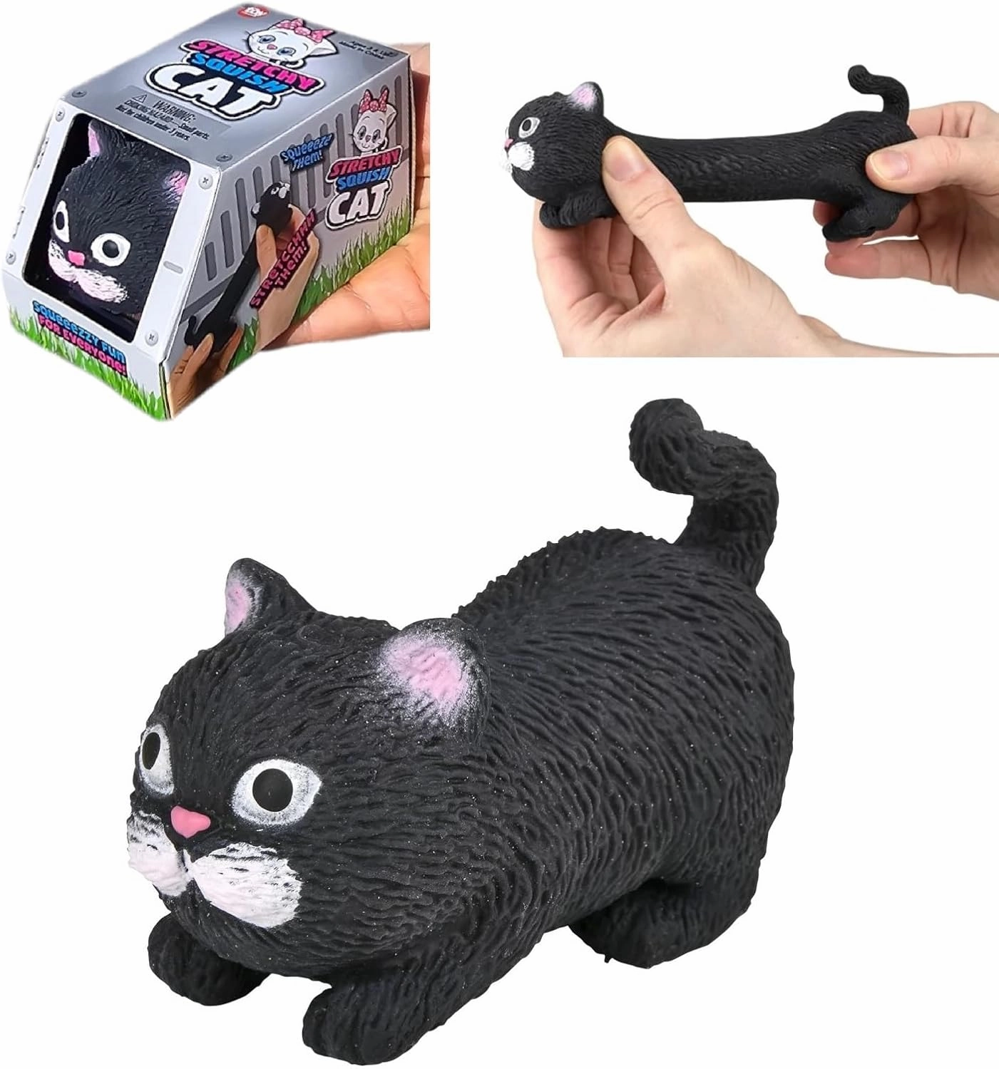Squishy Stretchy Cat (3.5" to 6.5") Rubber Fidget Sensory Toy Filled with Sand. Great Stress Relief Cat Toy for Kids, Adults and Pets. (3 Pack