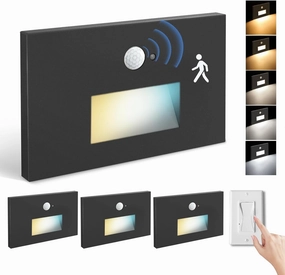 Stair Lights Motion Sensor Indoor Outdoor, 5CCT Dimmable LED Step Lamp with Switch, 4W 300LM, 2700K-6500K, IP66 Waterproof Hardwired 120V Stairway Staircase Walkway Lighting- Black, 3 Pack, ETL