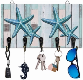 Starfish Key Holder for Wall Decorative, Wood Wall Mounted Key Rack with 5 Key Hooks, Keys Hanger Organizer for Entryway Hallway Office Home Decor, Vintage Farm