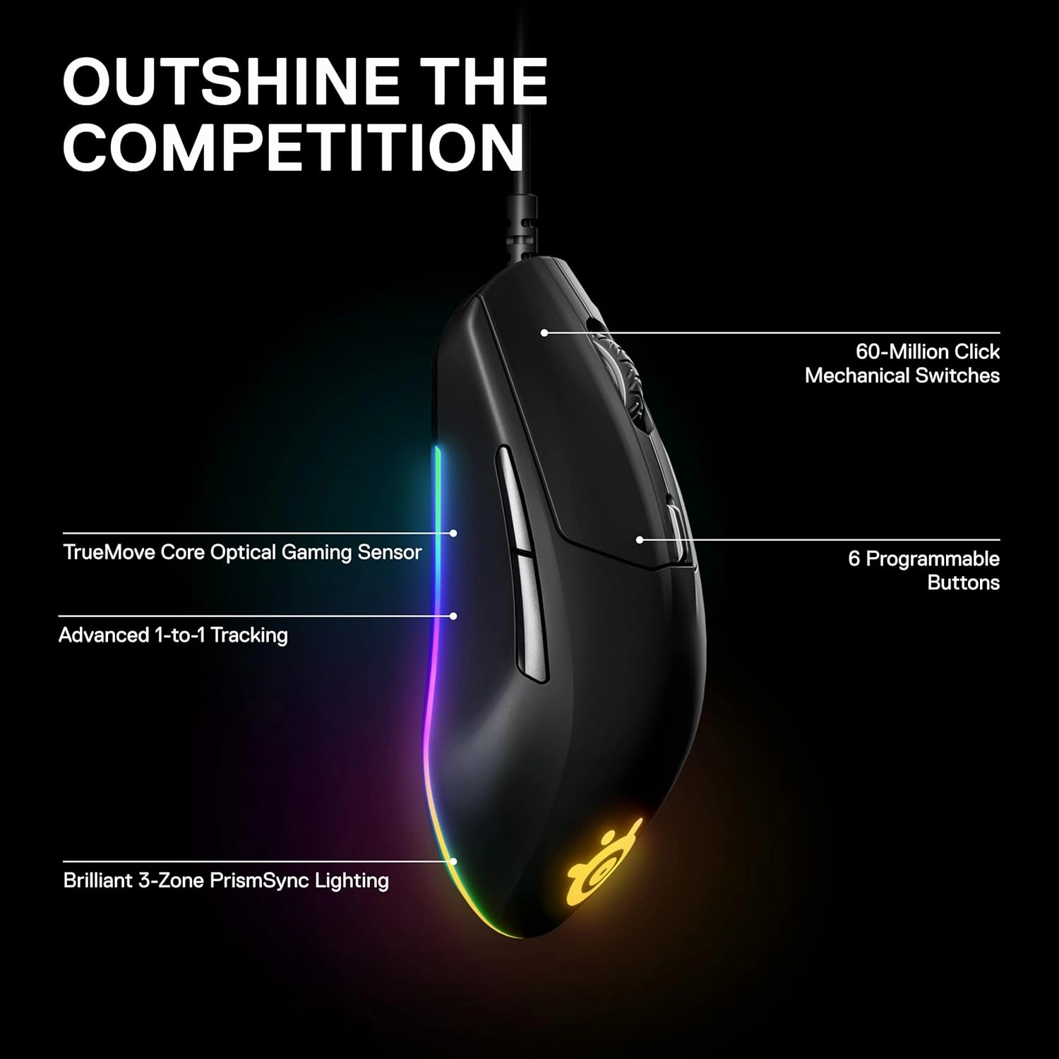 SteelSeries Rival 3 Gaming Mouse - 8,500 CPI TrueMove Core Optical Sensor - 6 Programmable Buttons - Split Trigger Buttons - Brilliant Prism RGB Lighting, Ergonomic, Black (Pack of 2)