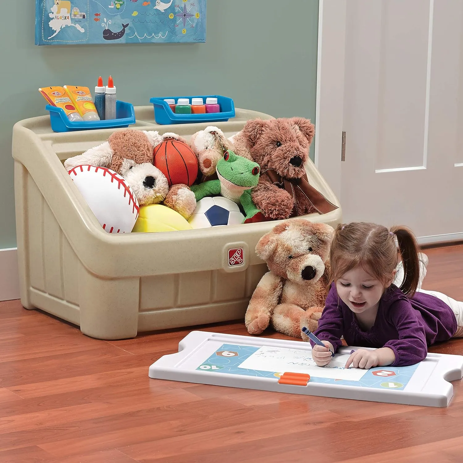 Step2 2-in-1 Toy Box & Art Lid, Kids Toy Storage Bin & Organizer, Easel & Chest in One, Made of Durable Plastic, For Toddlers 2  Years Old, Tan