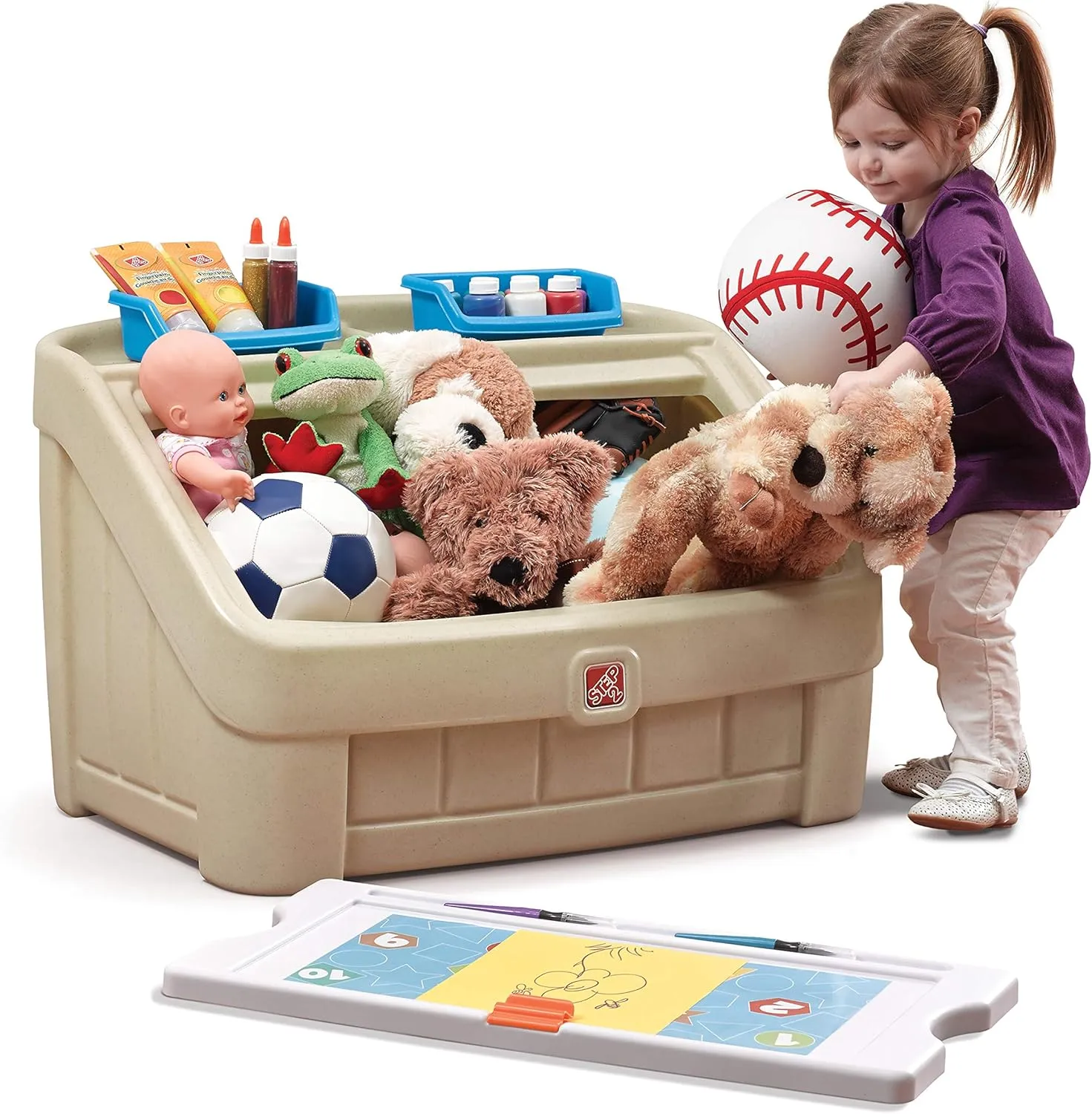 Step2 2-in-1 Toy Box & Art Lid, Kids Toy Storage Bin & Organizer, Easel & Chest in One, Made of Durable Plastic, For Toddlers 2  Years Old, Tan