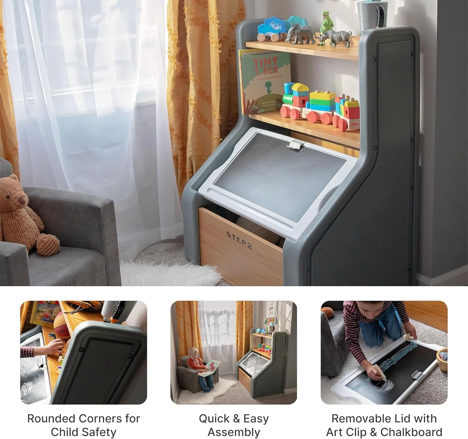 Step2 Harmony Toy Storage Box, Kids Toy Storage Bin with Chalkboard Lid, Easel & Toy Organizer in One, Made of Durable Plastic, For Toddlers 2  Years Old, Sage Gray