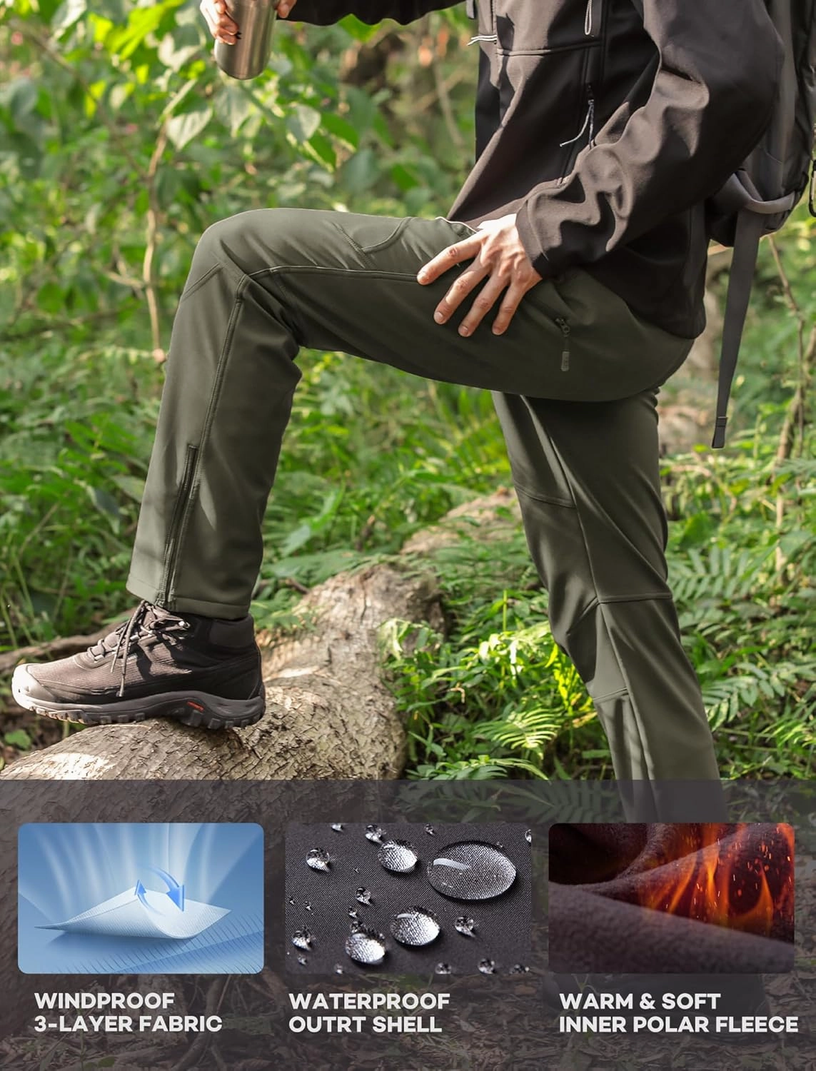 Stlight Mens Snow Ski Water Repellent Softshell Pants for Winter Hiking Fleece Lined Bottom Leg Zipper with 6 Zip Pockets