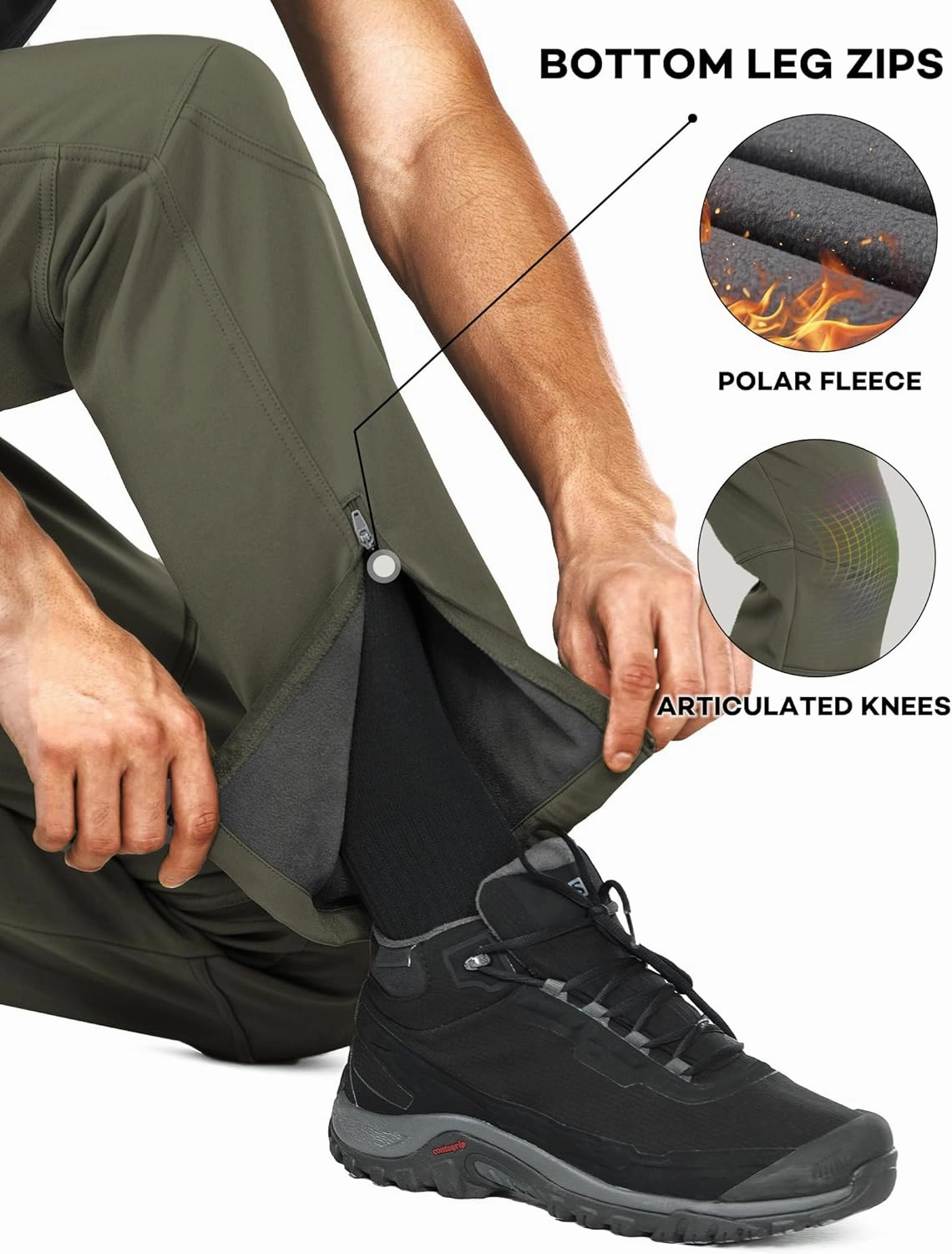Stlight Mens Snow Ski Water Repellent Softshell Pants for Winter Hiking Fleece Lined Bottom Leg Zipper with 6 Zip Pockets