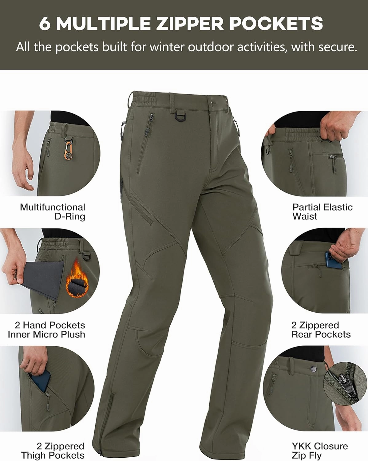 Stlight Mens Snow Ski Water Repellent Softshell Pants for Winter Hiking Fleece Lined Bottom Leg Zipper with 6 Zip Pockets