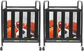 STO STO Rolling Sports Ball Storage Cart, Lockable Basketball Cage with Elastic Straps, Sport Equipment Holder Organizer for Indoor Outdoor, Steel Storage Rack for Playgroup and Gym