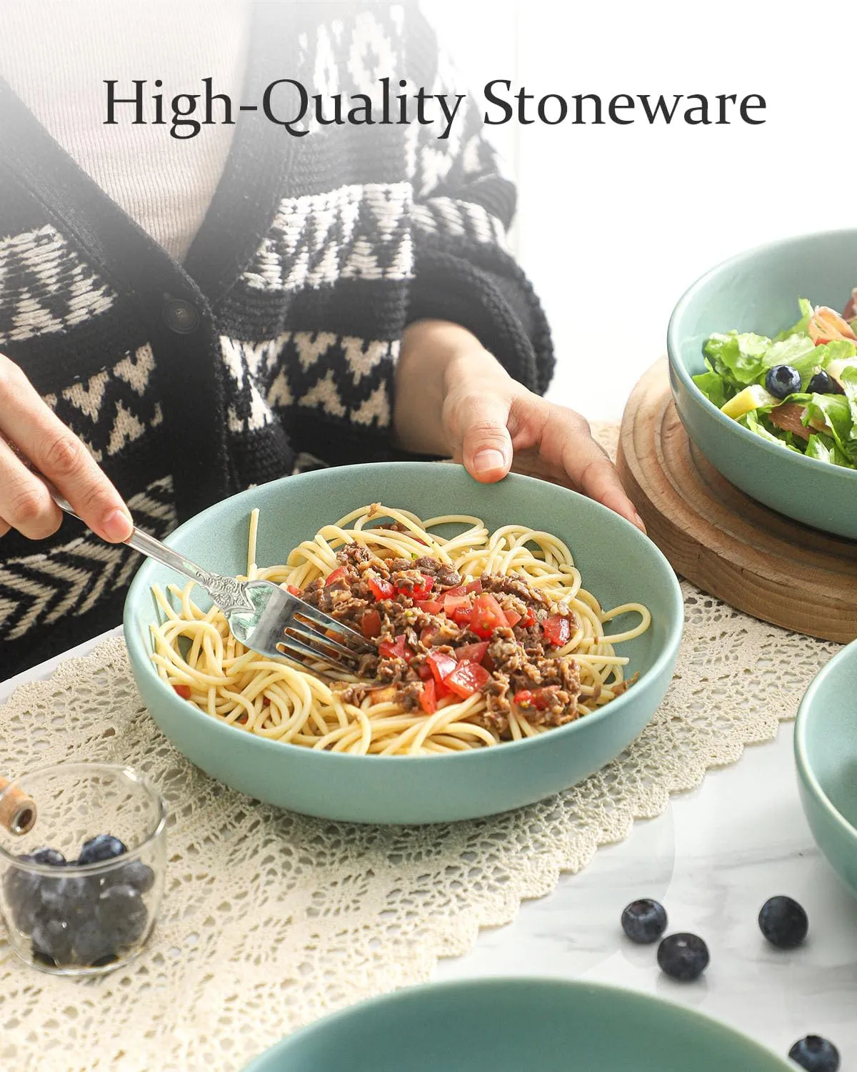 Stoneware Pasta Bowls, 34 oz Salad Bowls Set of 4, Large Kitchen Bowls for Pasta, Salad, Dinner, Ceramic Bowl Plates for Farmhouse Gift, Microwave & Dishwasher Safe, Matte Turquoise