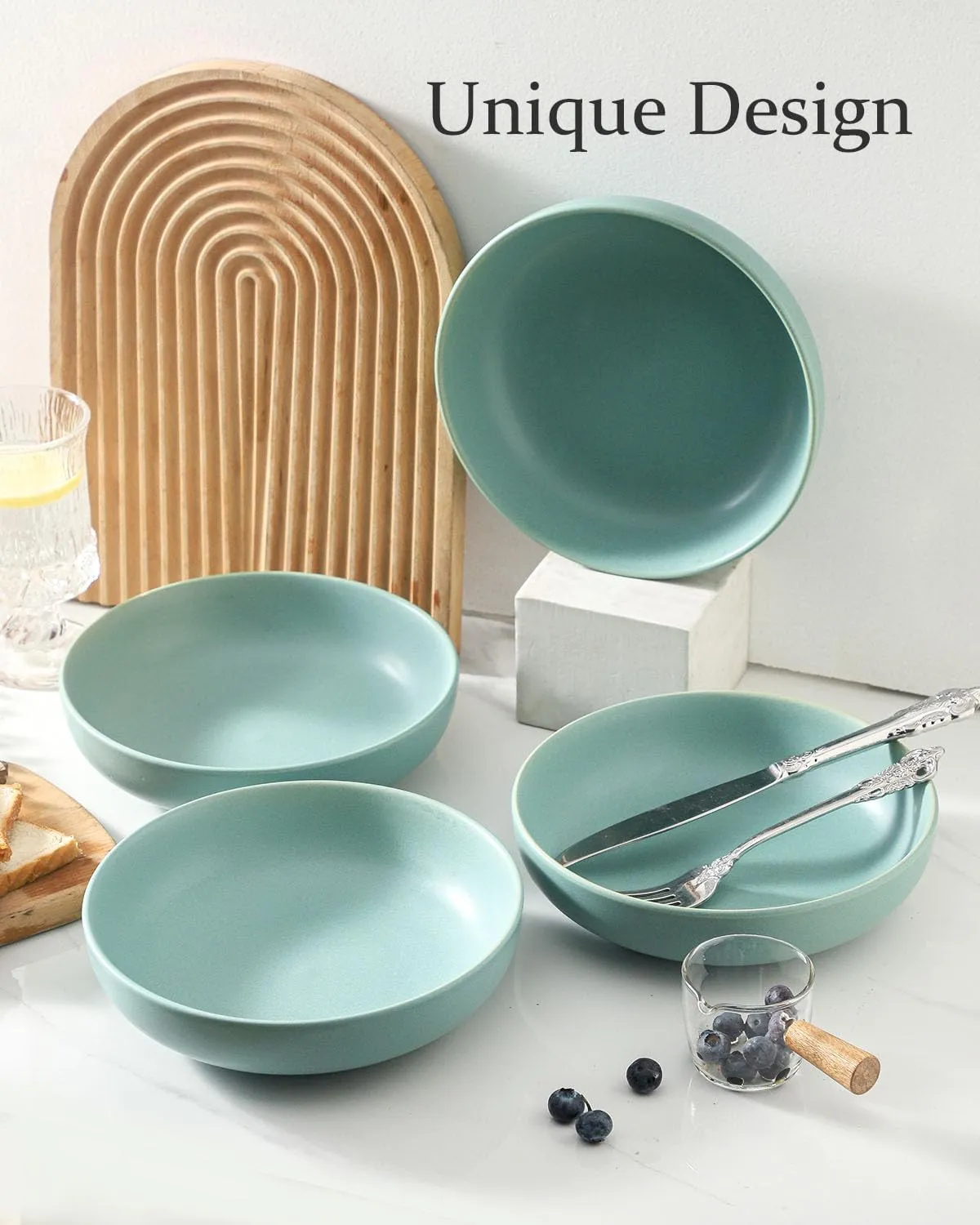 Stoneware Pasta Bowls, 34 oz Salad Bowls Set of 4, Large Kitchen Bowls for Pasta, Salad, Dinner, Ceramic Bowl Plates for Farmhouse Gift, Microwave & Dishwasher Safe, Matte Turquoise