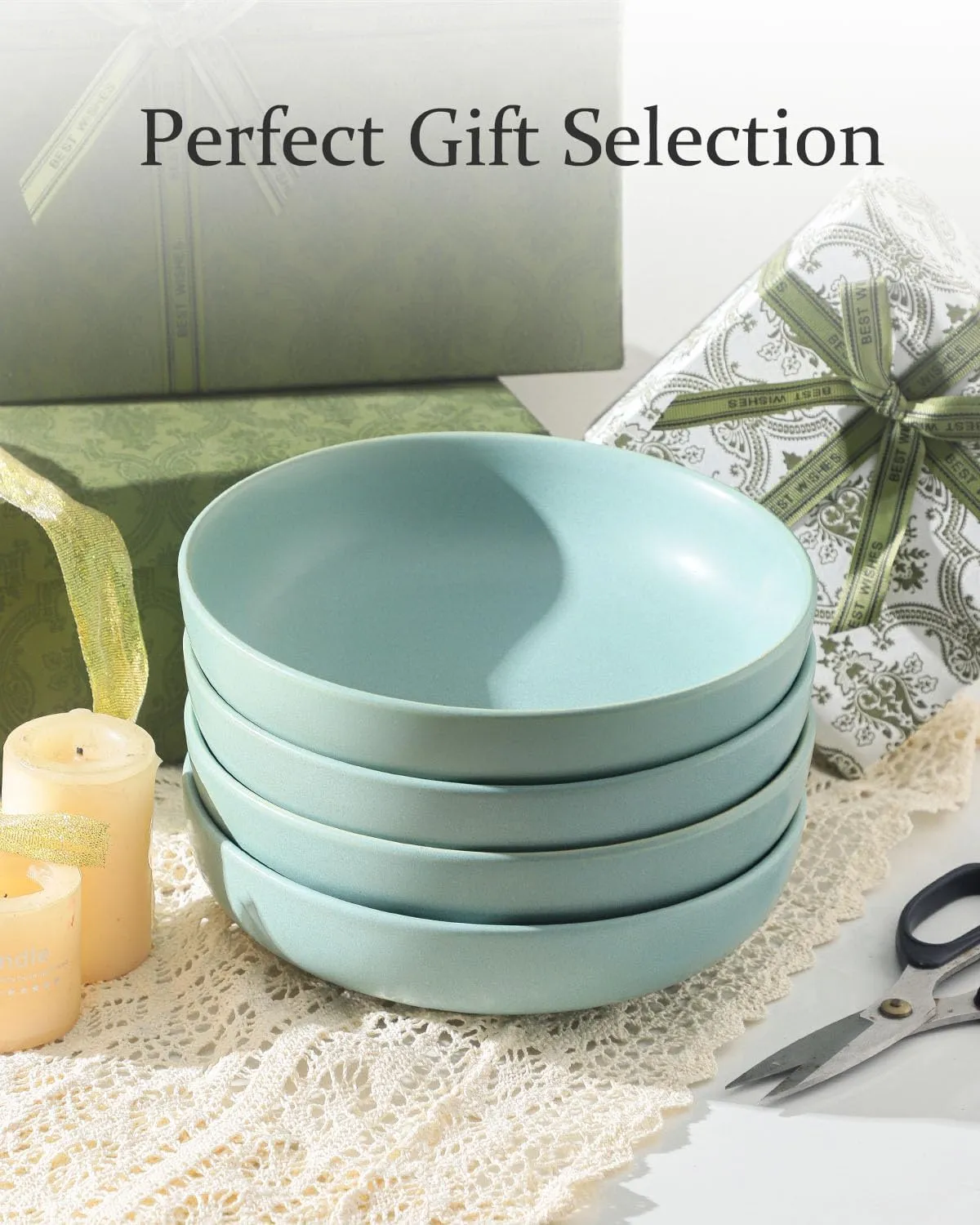 Stoneware Pasta Bowls, 34 oz Salad Bowls Set of 4, Large Kitchen Bowls for Pasta, Salad, Dinner, Ceramic Bowl Plates for Farmhouse Gift, Microwave & Dishwasher Safe, Matte Turquoise
