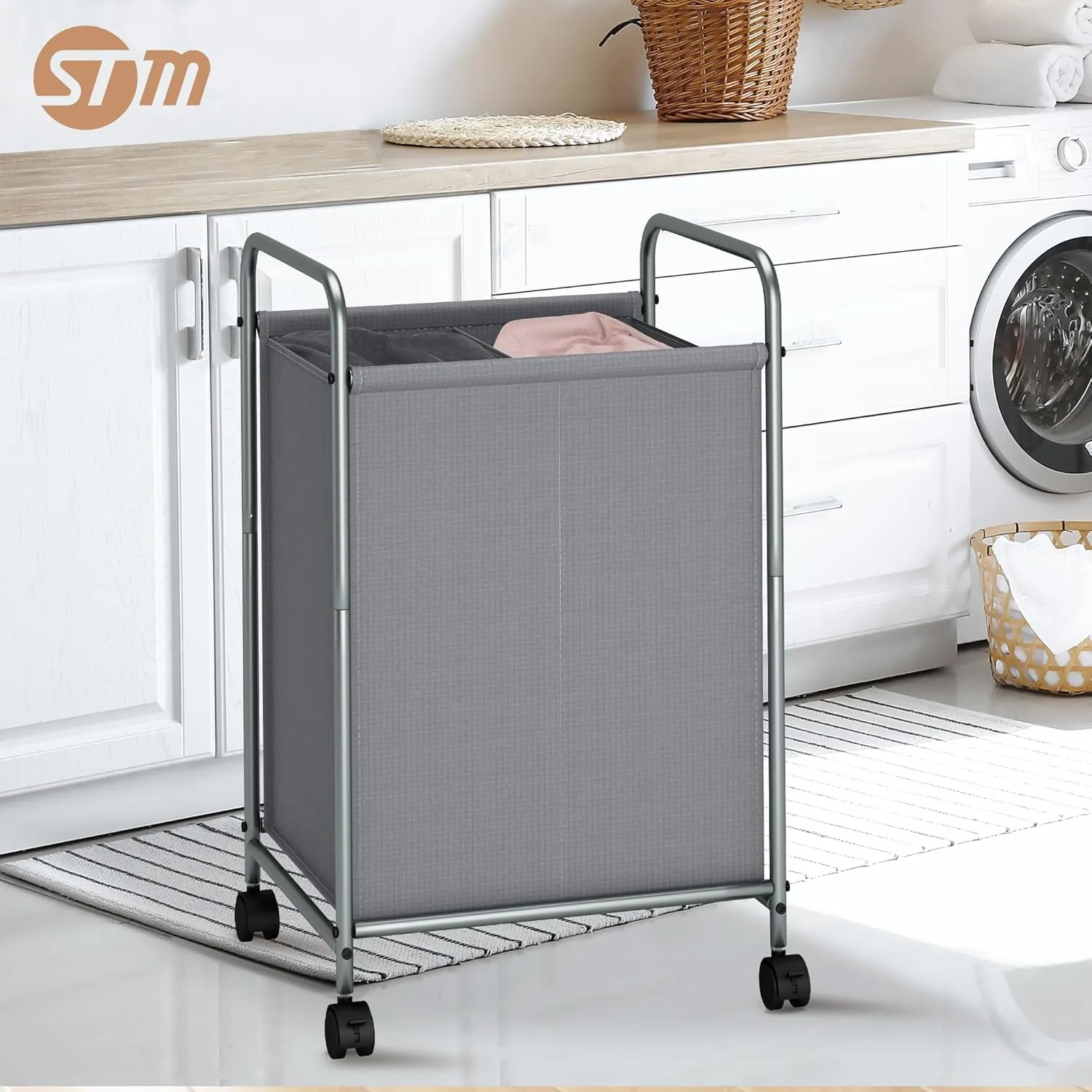 STORAGE MANIAC Rolling Laundry Hamper, 100L Laundry Basket with Lockable Wheels, Double Laundry Sorter Cart, 2 Bag Laundry Separator Hamper, Dirty Clothes Laundry Divider Hamper, 2 Section Gray