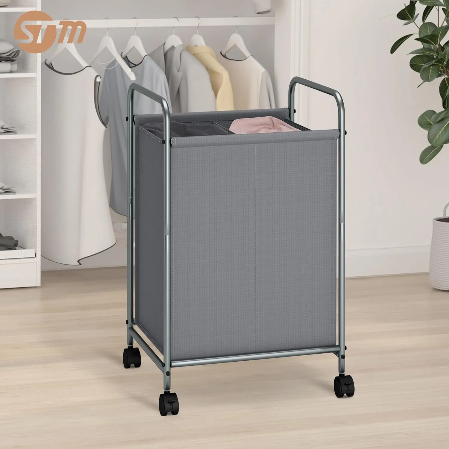 STORAGE MANIAC Rolling Laundry Hamper, 100L Laundry Basket with Lockable Wheels, Double Laundry Sorter Cart, 2 Bag Laundry Separator Hamper, Dirty Clothes Laundry Divider Hamper, 2 Section Gray