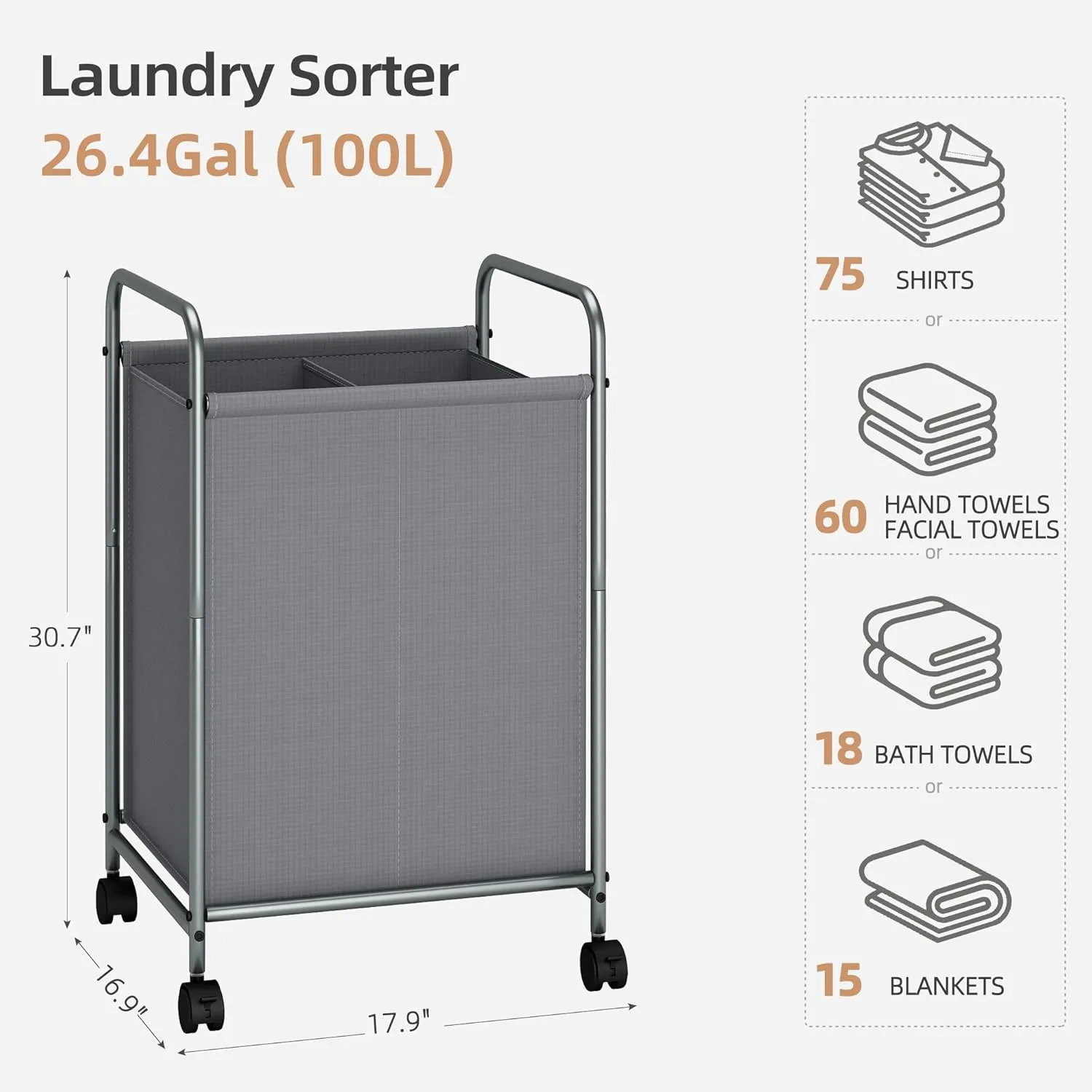 STORAGE MANIAC Rolling Laundry Hamper, 100L Laundry Basket with Lockable Wheels, Double Laundry Sorter Cart, 2 Bag Laundry Separator Hamper, Dirty Clothes Laundry Divider Hamper, 2 Section Gray