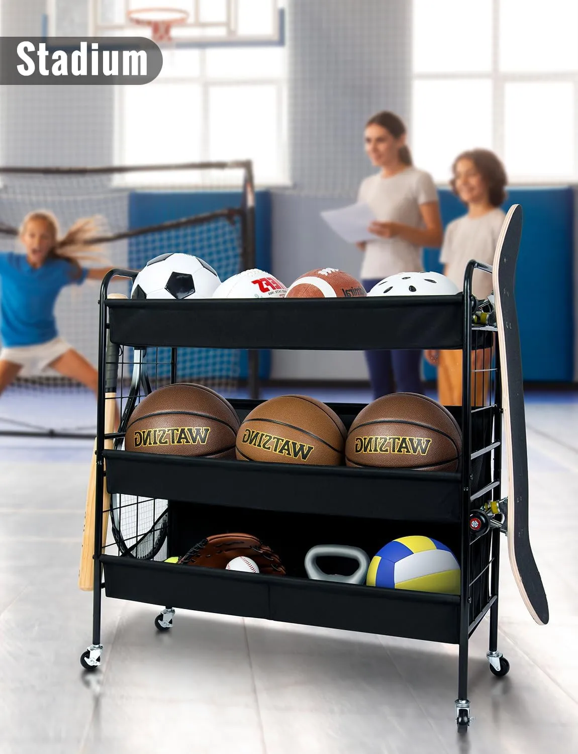 StorageWorks Ball Storage with Wheels, Ball Cart for Garage, Garage Sports Equipment Organizer with Hooks, Balls Organizer for Basketball, Football, Volleyball