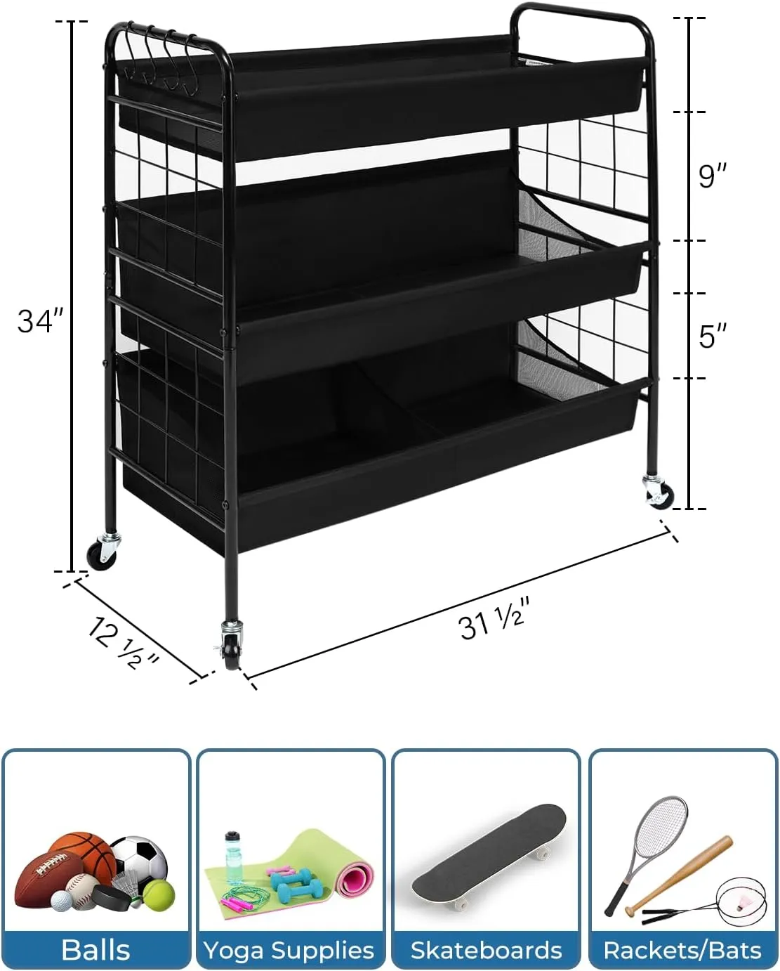 StorageWorks Ball Storage with Wheels, Ball Cart for Garage, Garage Sports Equipment Organizer with Hooks, Balls Organizer for Basketball, Football, Volleyball