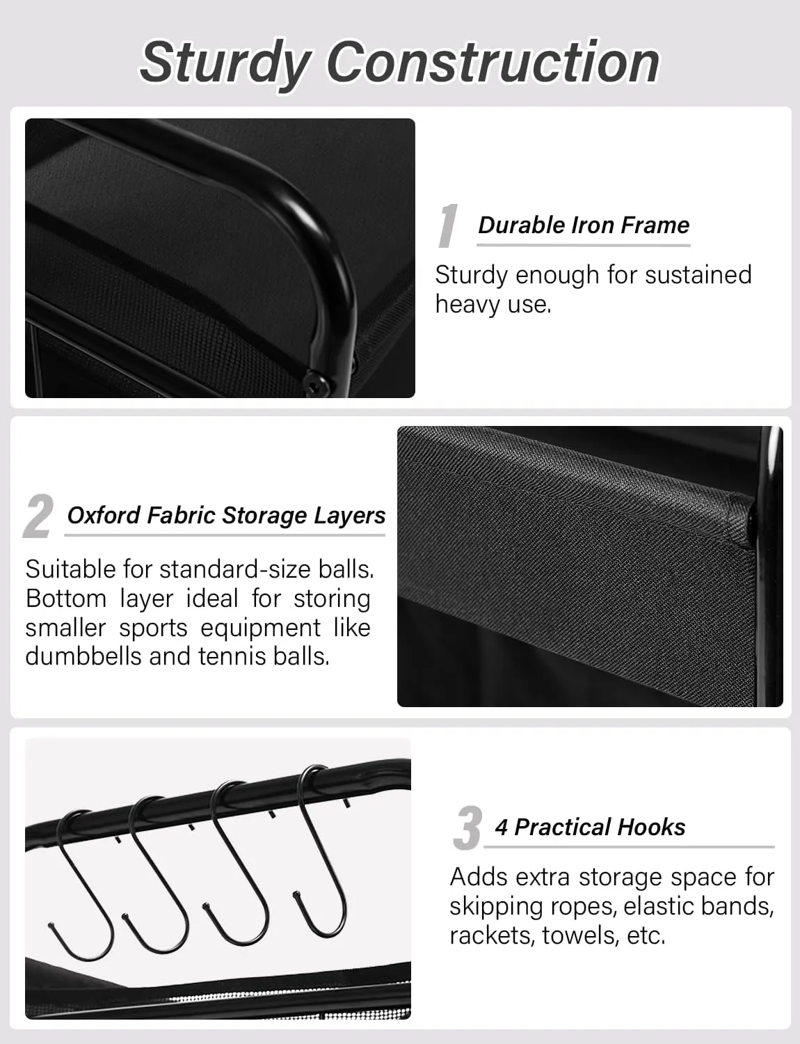 StorageWorks Ball Storage with Wheels, Ball Cart for Garage, Garage Sports Equipment Organizer with Hooks, Balls Organizer for Basketball, Football, Volleyball