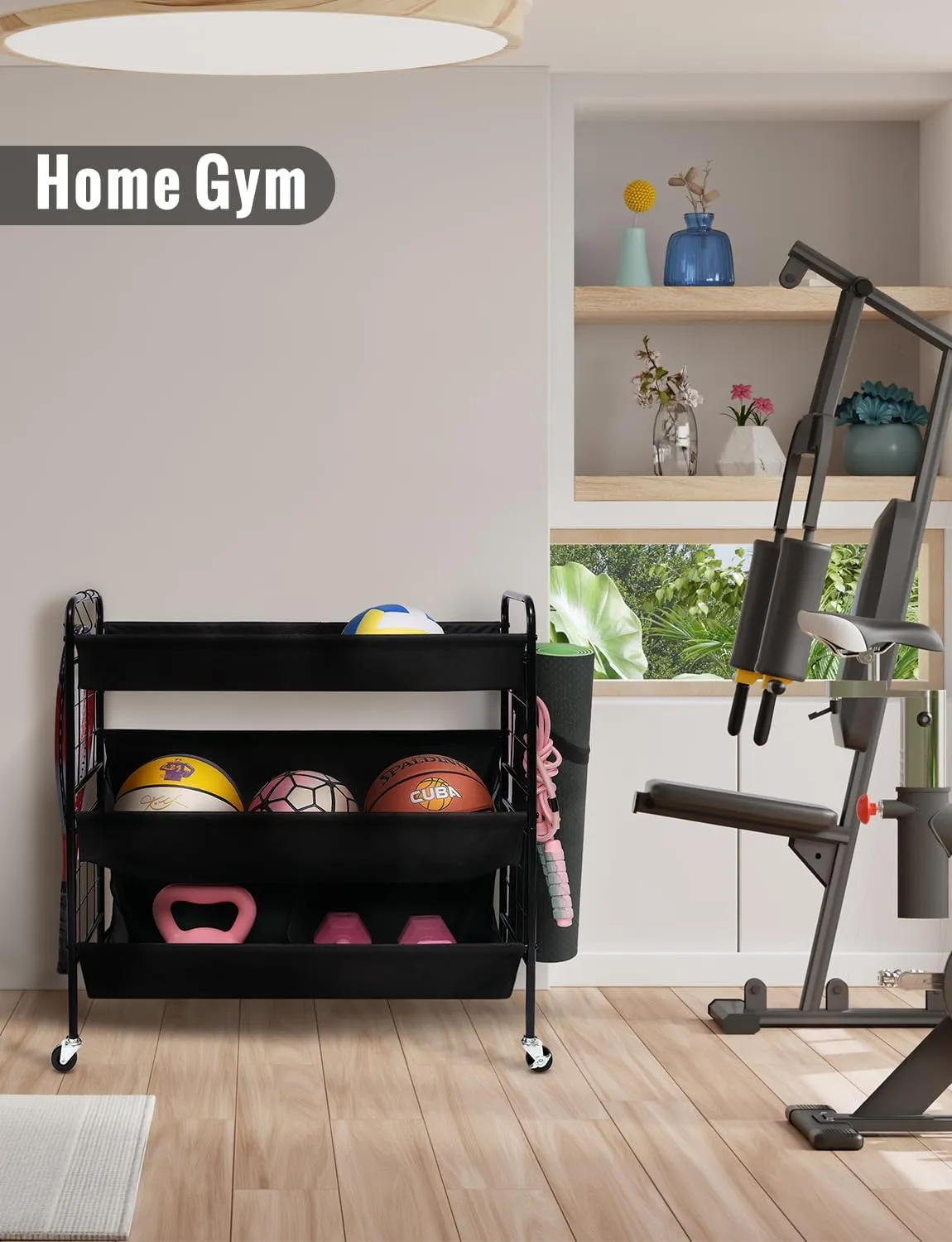 StorageWorks Ball Storage with Wheels, Ball Cart for Garage, Garage Sports Equipment Organizer with Hooks, Balls Organizer for Basketball, Football, Volleyball