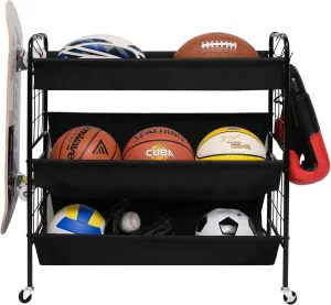 StorageWorks Ball Storage with Wheels, Ball Cart for Garage, Garage Sports Equipment Organizer with Hooks, Balls Organizer for Basketball, Football, Volleyball