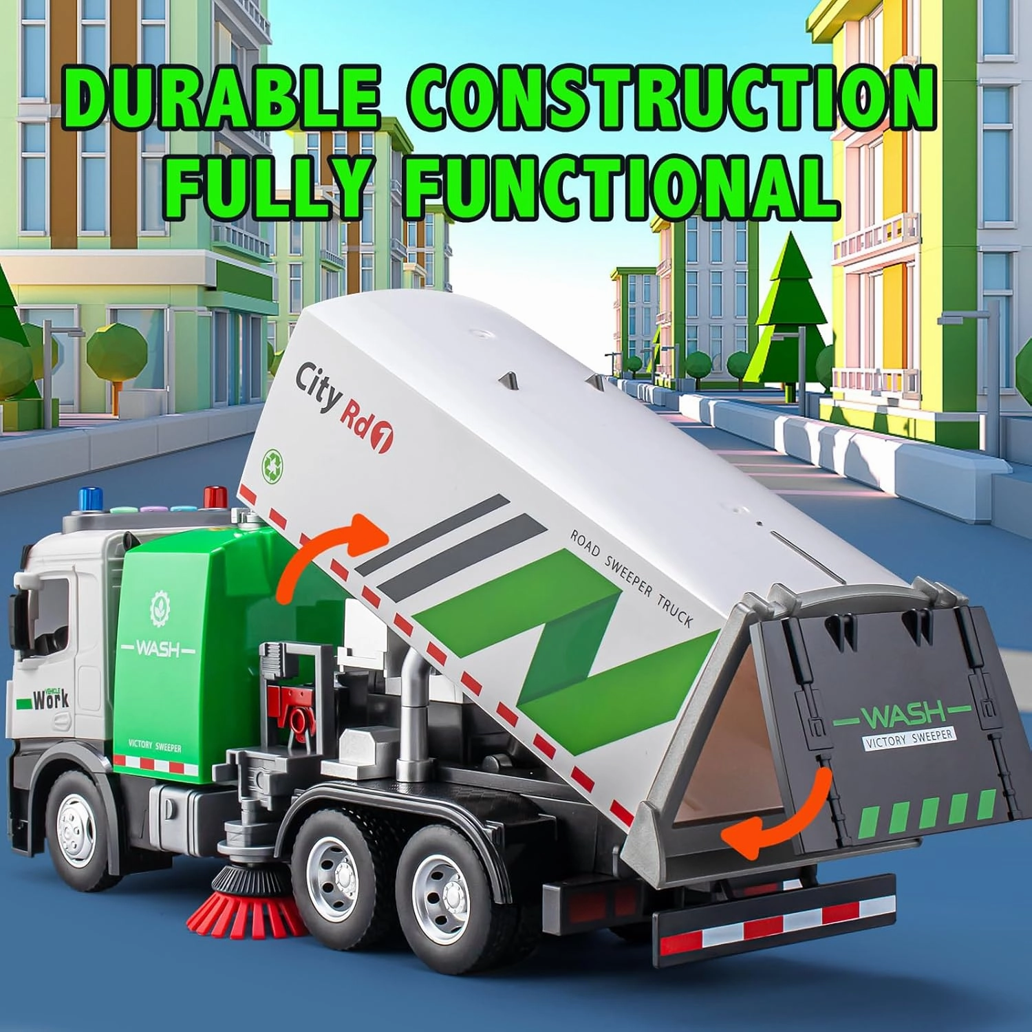 Street Sweeper Truck with Open-able Doors, 11.5" Big Trash Truck with Lights and Sounds, Friction Powered Garbage Toys Gift for Boys Girls Kids