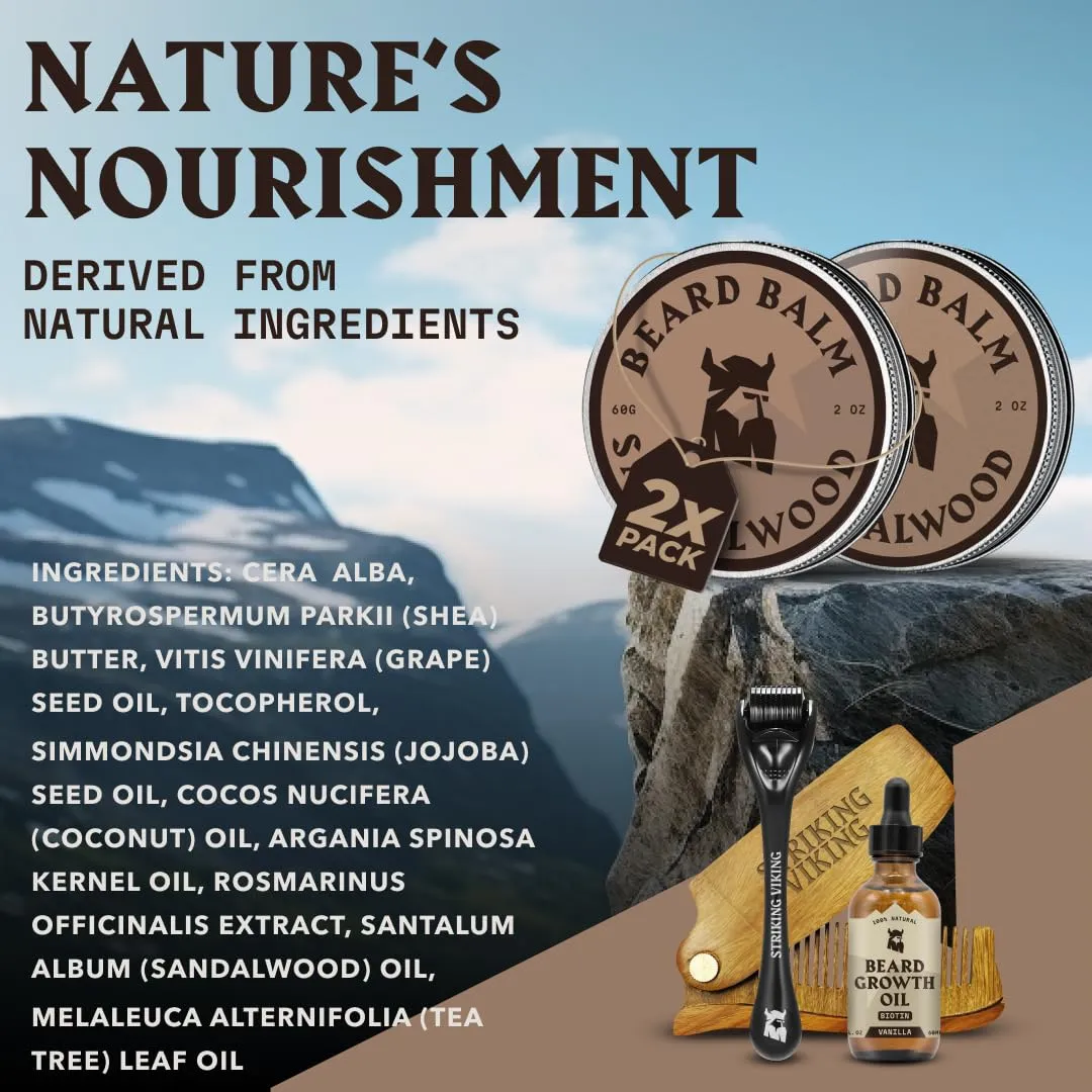 Striking Viking Beard Balm for Men – Light Hold, Sandalwood, 2 Oz, Pack of 2- Leave-in Beard Conditioner with Shea Butter, Tea Tree, Argan & Jojoba Oils - Smooth, Shape & Moisturize Coarse Facial Hair