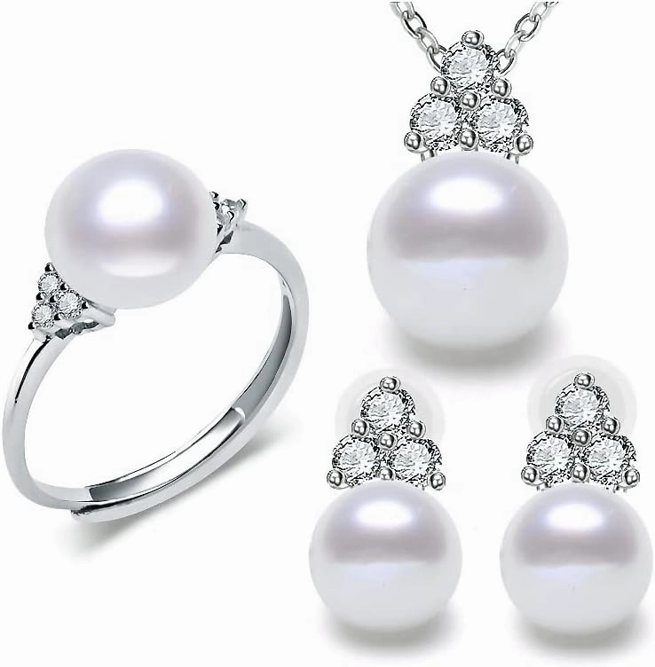 Stylish White Freshwater Cultured Pearl Pendant Earrings and Ring Set AAAA Quality Sterling Silver with Paved CZ - PremiumPearl
